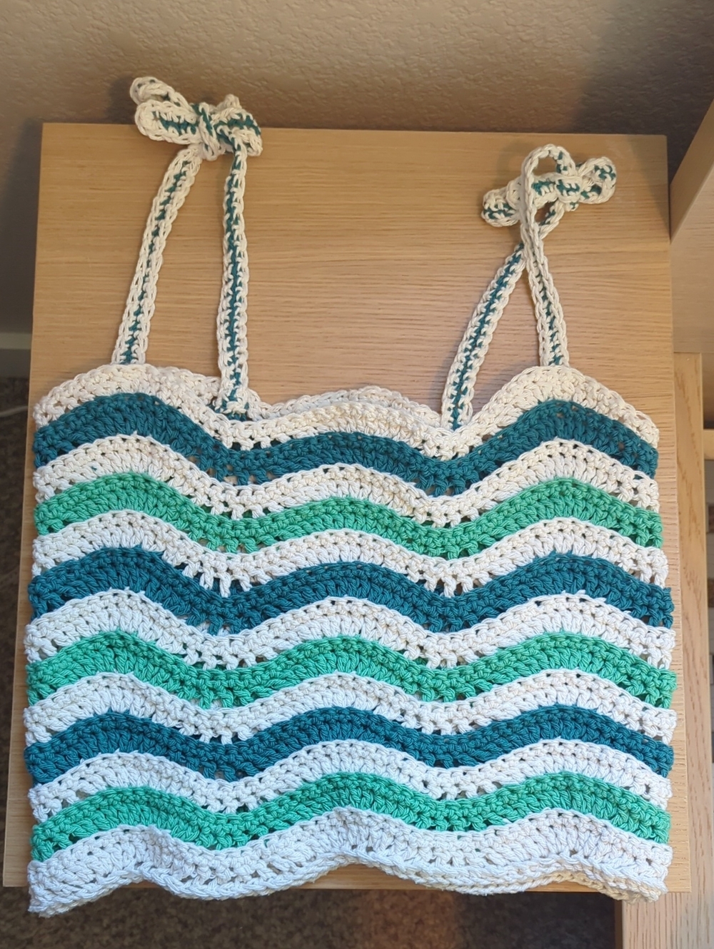 Crochet Wave Stripe Tank Top - White, Teal & Mint